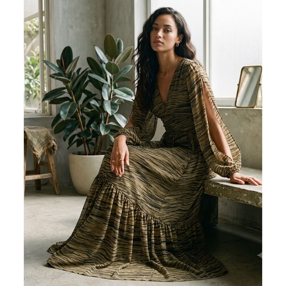 Chelsea28 Long Dress XS Maxi Tiered Boho Earthy Festival Beachy Casual Olive